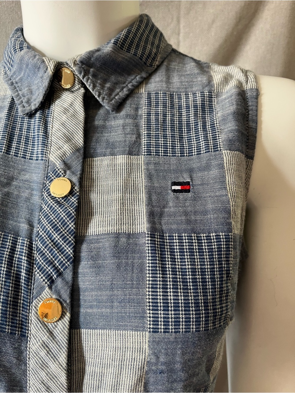 Tommy Hilfiger Blue and White Patchwork Plaid Shirt Dress with Gold Snaps 4